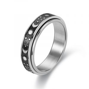 Calming Ring, Stainless Steel, Anti Anxiety, Spinner Jewellery, Black & Silver Sky